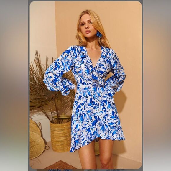 Fetiche Suances Blue and White Floral wrap mini Dress, L - Picture 6 of 16